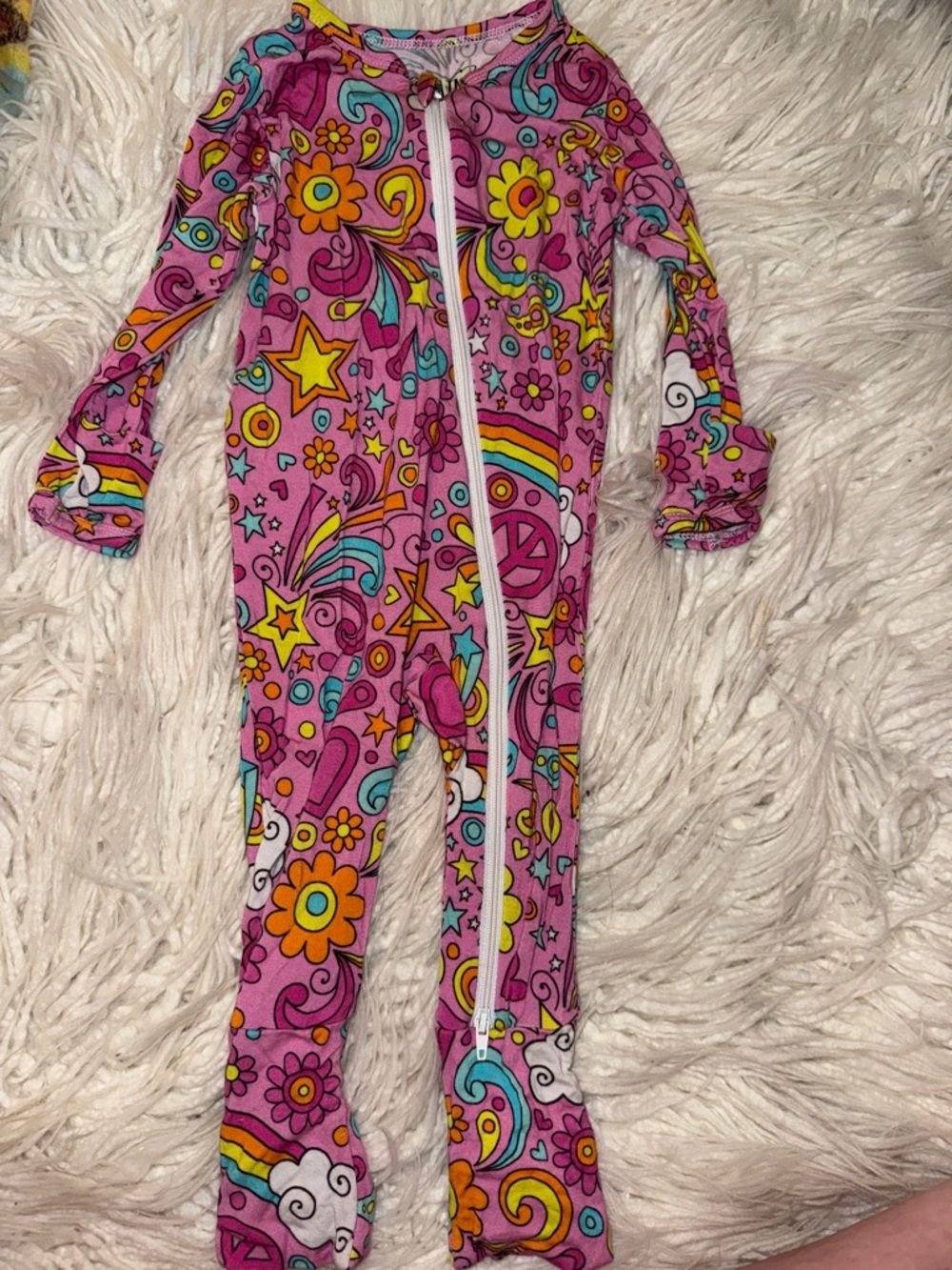 Girls Pink Floral & Rainbow Zip-Front Footed One-Piece Pajamas